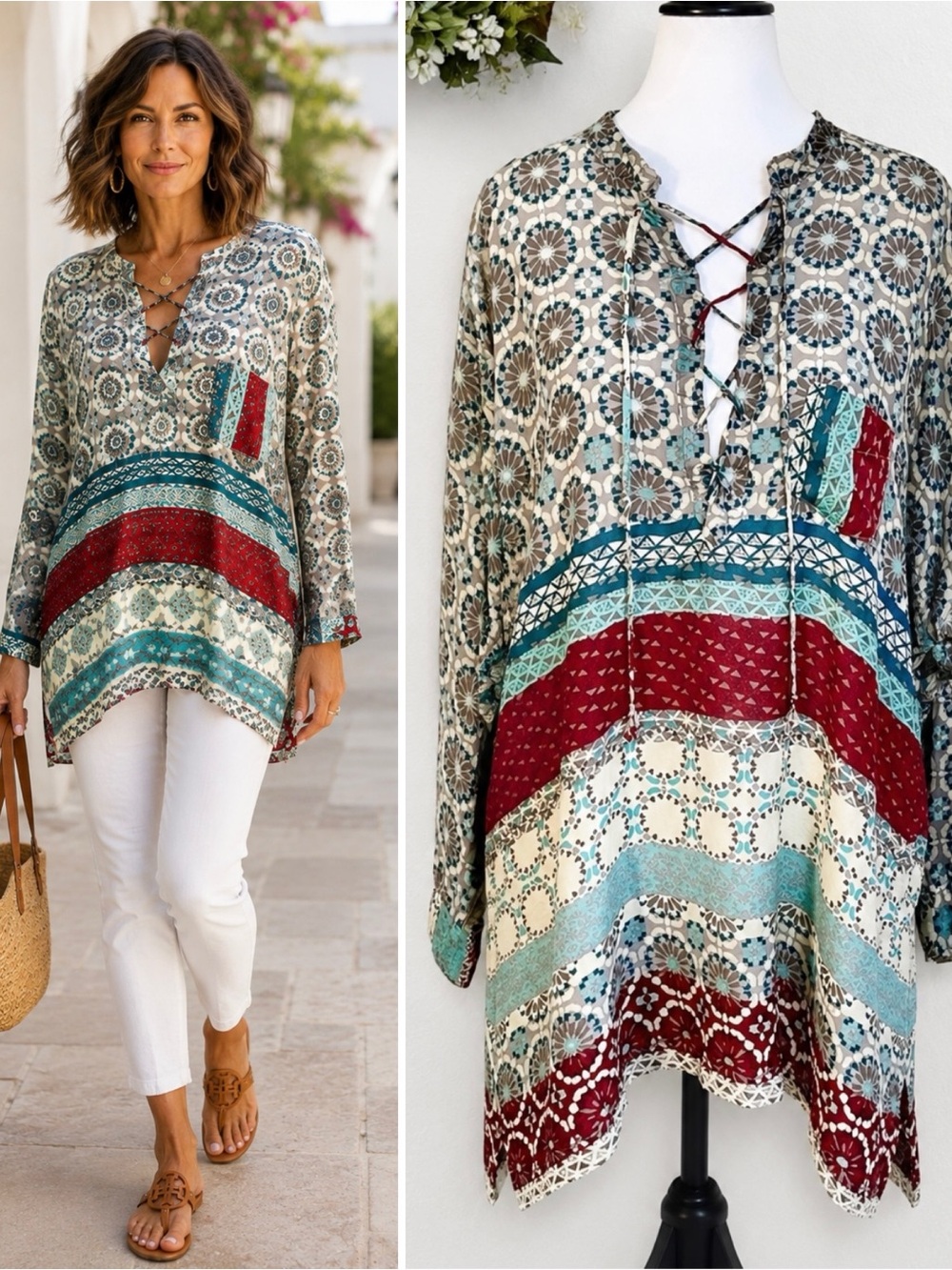 💥Johnny Was Cupra Rayon Lace-Up Mixed Print Boho Tunic Top Oversized XS💛